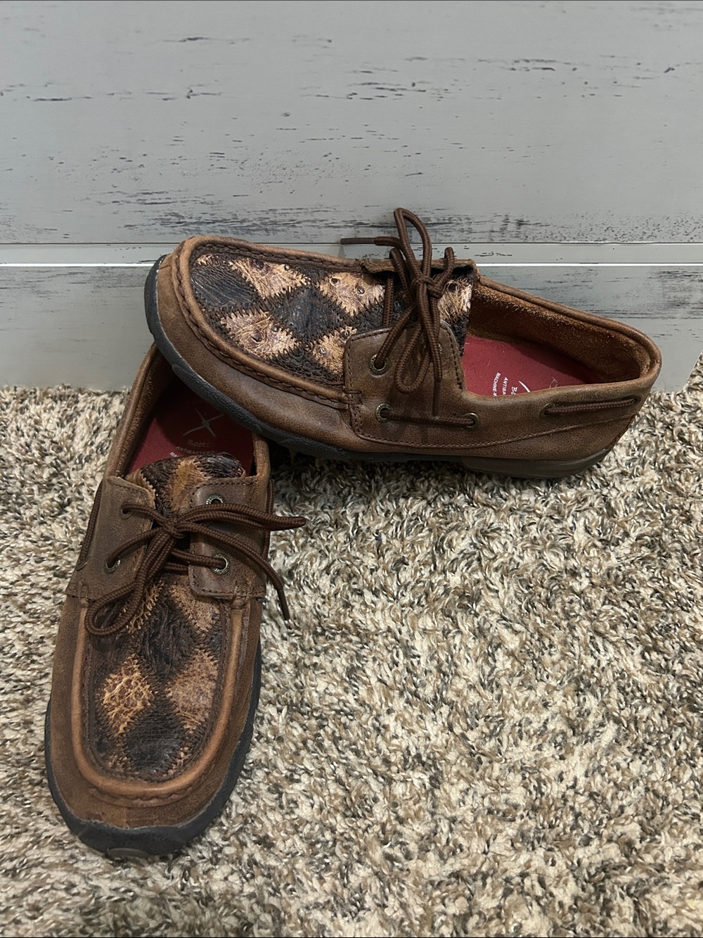 Twisted X Brown Patterned Leather Moccasin Boat Shoes